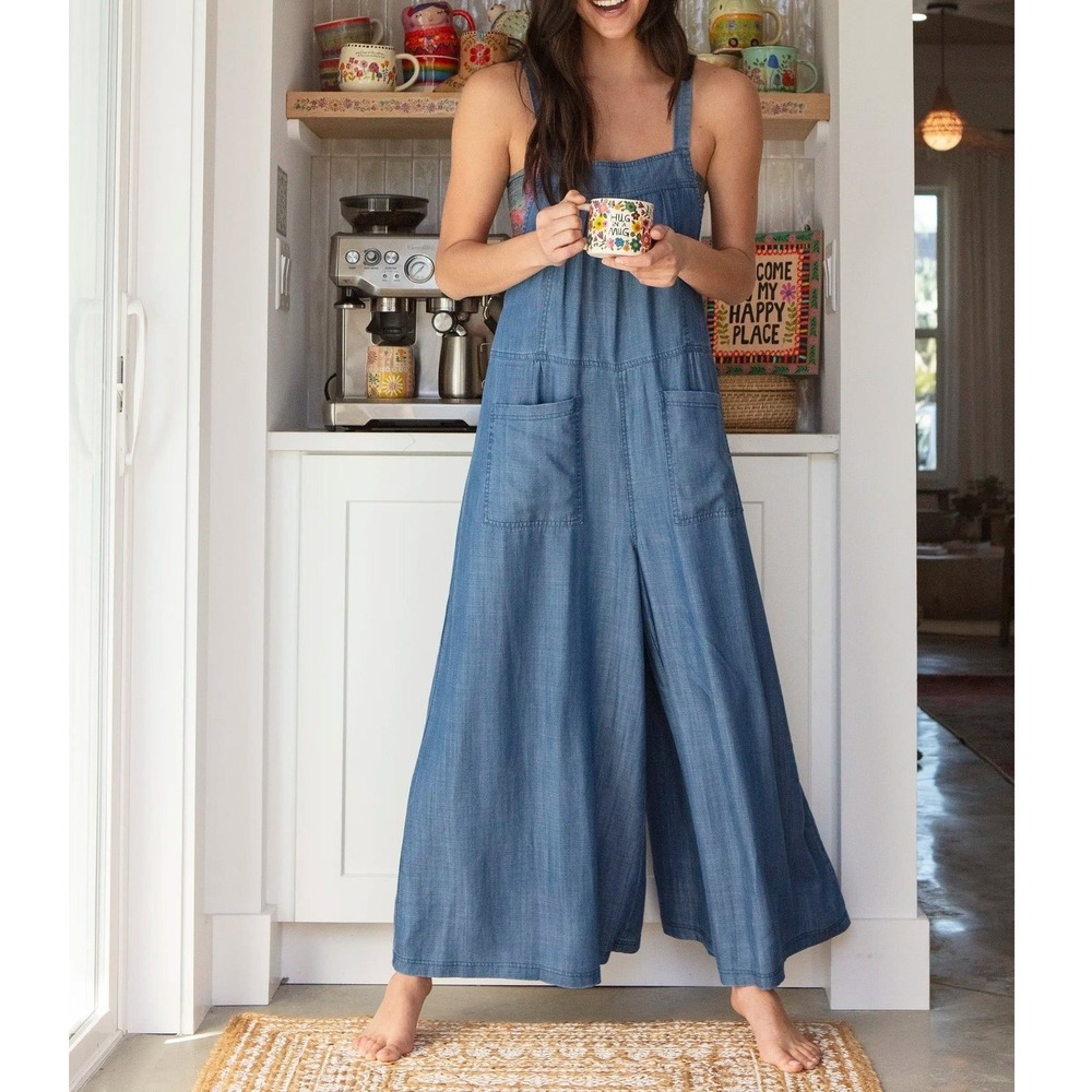Natural Life Dakota Tie Overalls Womens Medium Blue Chambray Lyocell Wide Leg